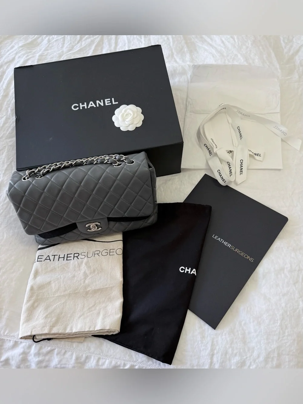Chanel | Gray Jumbo Classic Single Flap Lambskin Shoulder Bag | Silver Tone HW